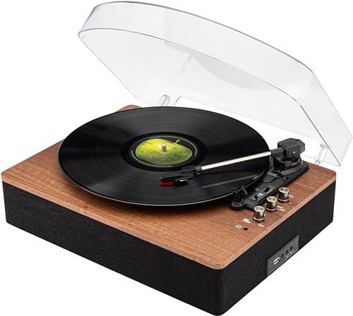 SoundBeast Tocadiscos retro de madera con reproductor de discos de vinilo de 3 velocidades, altavoces estéreo integrados, Bluetooth, entrada auxiliar de 3,5 mm, reproducción USB y grabación USB a MP3