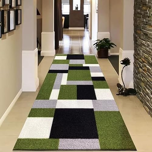 B&B Door Mats - Runner Rug Carpet Mat for Every Season Bedroom Living Room Hallway Kitchen Front Door Entrance Décor (Green Black, 80x300cm -Large Area Rugs)