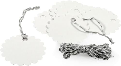 Frau WUNDERVoll® 40 Anhänger weiß, Blume Kreis Ø 5,8cm inkl. 12m Kordel/Papieranhänger, Geschenkanhänger, Gastgeschenk Hochzeit, Vintage, Geschenk, Etiketten, Tags, Geburtstag, Dekoration