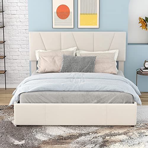 NNJN 140 * 200cm Doppelbett, Polsterbett, Kingsize Polster Plattform Bett mit Vier Schubladen auf Zwei Seiten, Verstellbares Kopfteil (Beige, 140 x 200cm)