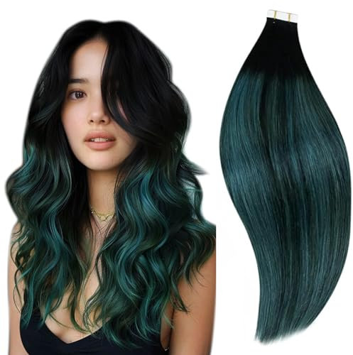 RUNATURE Echthaar Extensions Tape Schwarz Ombre Grün 50cm Lang Teal Balayage Haarverlängerung 20 Stück 50g #1b/Teal