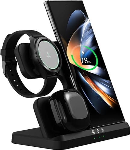 Samsung Wireless Charger, 3 in 1 Qi Certified 15w Fast Charging Phone Stand for Galaxy S26 S25 S24 S23 Ultra, S22+ Z Fold Flip 5, Note 20 10 9, Watch 5 Pro & Buds