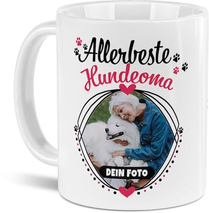 Tassendruck Hunde-Tasse mit Foto Allerbeste Hundeoma - Persönliches Geschenk für Hundefreunde zum Geburtstag | Personalisiertes Geschenk, 300 ml, Weiß