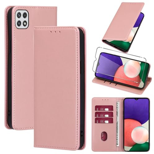 Vauki Coque Cuir pour Samsung Galaxy A22 5G 6.6 avec 1 Verre Trempé Etui à Rabat en PU Porte-Cartes Portefeuille Support Flip Housse Magnétique Antichoc Anti-Rayures Case,Rose_Gold
