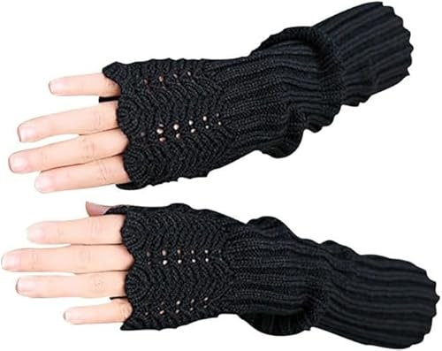 Tavaleu Armstulpen Fingerlose Handschuhe für Frauen Winter Warme Daumenloch Fäustlinge Gestrickte Armstulpen Lange Fingerlose Handschuhe, Fischschuppe, Schwarz, Einheitsgröße