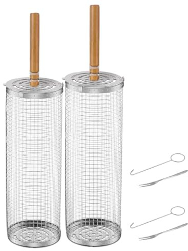 Sarini 2Pcs Nesting Grill Baskets with Removable Wooden Handle,304 Stainless Steel,Rolling Grilling Tube Net Mesh Accessories for Vegetables,Shrimp,Outdoor BBQ Camping Picnic