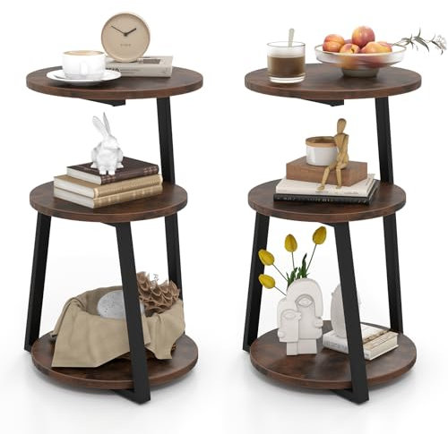GIANTEX Table d'Appoint à 3 Niveaux 62 CM, Table de Chevet avec 3 Etagères en Bois, Table Basse Cadre en Métal avec Patins de Pied Réglables, Table d'Appoint Ronde Design Industrielle (2)
