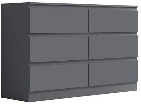 FWStyle Matt Dark Grey Modern Bedroom Furniture Chest of Drawers, Wide 6 Drawer Chest - H77 X W110 X D40cm