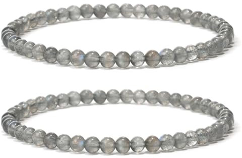 Landorilo 2 Stück Naturstein Runde Perlen Stretch Armband (4mm) für Damen Herren, Yoga Heilstein Armbänder, Freundschaftsarmband, Paar-Armband, Ersatzperlen Inklusive(2R Mondstein/Labradorit)