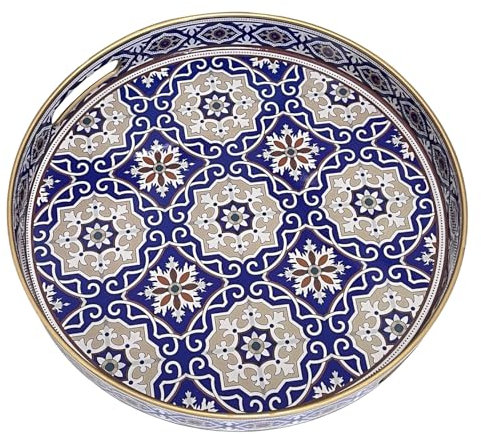 Simmer Stone Round Decorative Tray, Marbling Plastic with Handles, Modern Vanity and Serving for Ottoman, Coffee Table, Kitchen and Bathroom, Size 13 INCH (blue white porcelain)