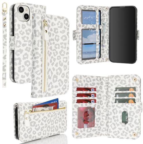 SailorTech for iPhone 14 Phone Case Wallet with Card Holder for Women, iPhone 14 Wallet Case with Credit Card Slots Flip Case Zipper Shockproof Case for Men - White Leopard