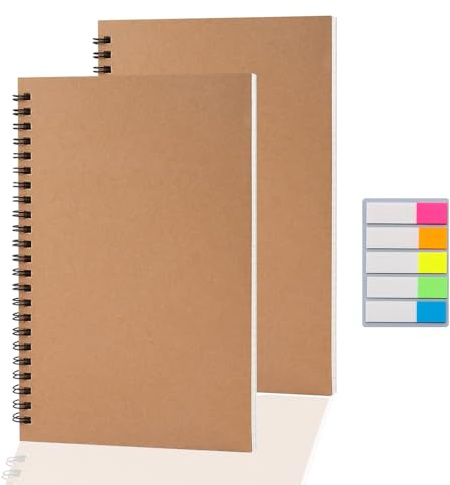 2 Pack A5 Squared Paper Notebook with 1 Pack Sticky Notes 50 Sheets 100 Pages 5mm Grid Spiral Notebooks Notepad Kraft Cover Wirebound Journal Graph Paper Wirebound for Home Office School Diary Travel