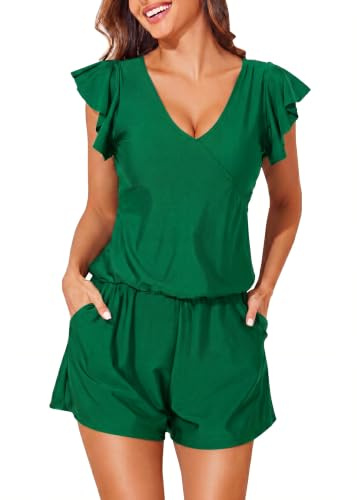 Smismivo Women Swim Romper with Built in Bra and Pockets Swimming Costume Modest One Piece Swimsuit