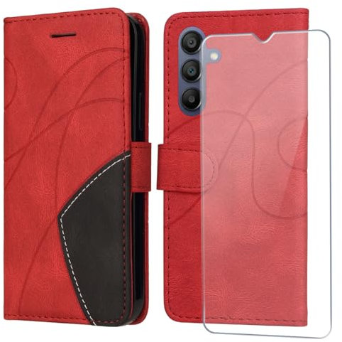 FHSYCR Hülle für Samsung Galaxy A16 4G / 5G Leder Handyhülle mit Displayschutzfolie, mit Kartenfächer und Magnetverschluss, PU Flip Brieftasche Case Schutzhülle für Samsung Galaxy A16 4G/5G - Rot
