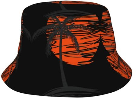 OTTKGGA Illustration von Palmen, Fischerhut, Fischerhut, Outdoor-Sonnenhut, breite Krempe, faltbar, Sommer, Strand, Reisen, Unisex, Schwarz , Einheitsgröße