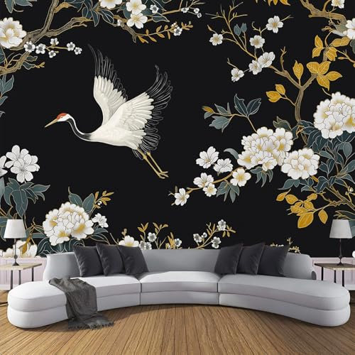 Papier Peint Style Japonais Fleur Cerisier 3D Panoramique Mural, Grue Papier Peint en Tissus non tissés Poster 450×315 cm Décoration Murale Salon Chambre