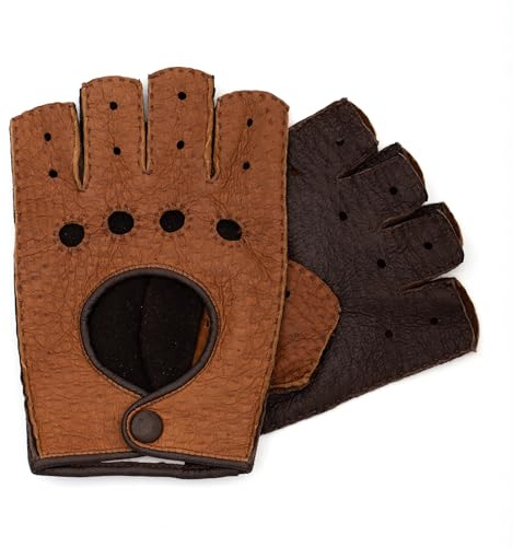 Hand Gewand by Weikert FERDINAND - Fingerlose Peccary Autofahrer Handschuhe im zweifarbigen Design, handgenäht, Halbfinger, Cabriohandschuhe
