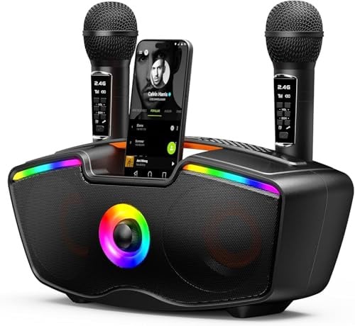SORDA Bluetooth Karaoke Machine for Adults & Kids, 80W Portable Speaker with 2 Wireless Microphones, Echo Adjustment, Support USB/AUX/TF Card, for Outdoor/Indoor Gathering Gifts