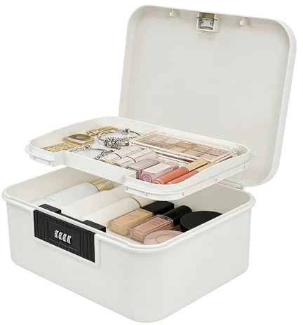 Elyyapt White Lockable Storage Box with Combination Code, Portable Medication Lockable Container, Locked Storage Box Locking Box for Secure Medicine Phone Snacks Safe, 26.2x22x12.1cm