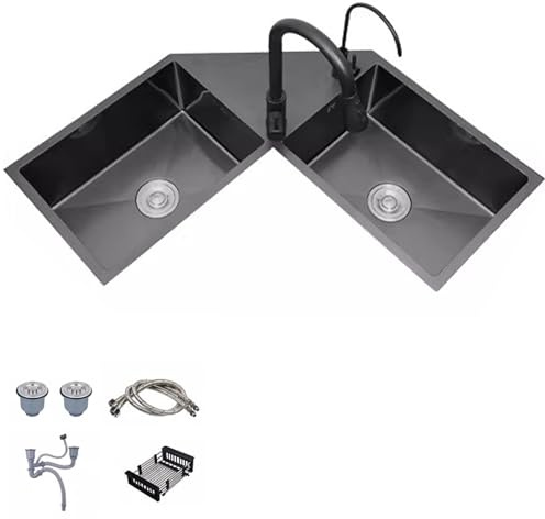 Fregadero Esquina Esquinero de Dos Senos, 86 Cm, en Forma de L, de Acero Inoxidable, Bajo Encimera, Semiempotrado y Sobre Encimera, Incluye Grifo y Accesorios