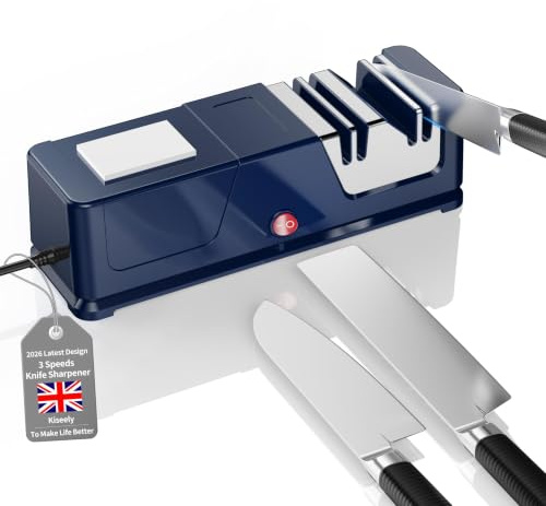 Afilador de Cuchillos Eléctrico Profesional, recubrimiento de diamante, Afila Cuchillo Eléctrico Multifunción Para Cocina, Afilado Rápido y Seguro, Fácil Usar (Azul)