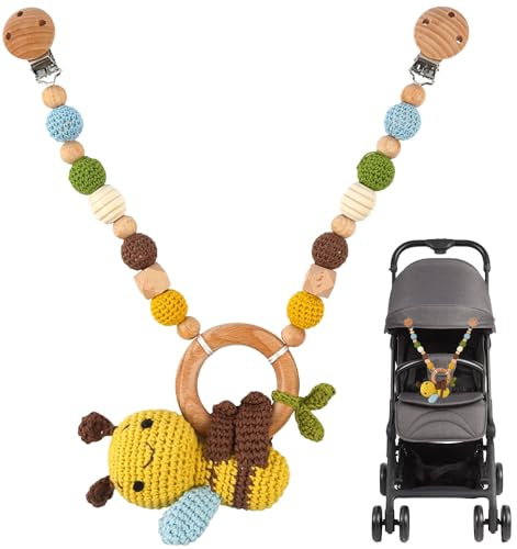 XEERUN Kinderwagenkette, Kinderwagenkette aus Holz und Baumwolle gehäkelt, Montessori Neugeborenen Spielzeug Kinderwagenspielzeug, Kinderwagendeko, Kleine Biene