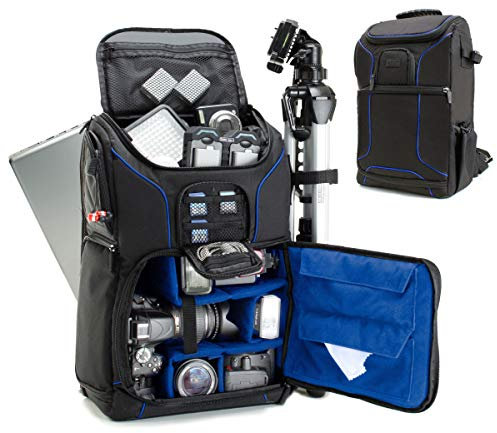 USA Gear Digital Camera Backpack DSLR Photo Bag with Comfort Design, Waterproof Cover, Laptop Storage, Tripod Holder, Adjustable Lens Storage - Compatible with Full-Sized Digital Cameras - Blue