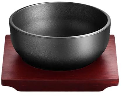 XICHENGSHIDAI Caldero grueso de hierro fundido, cuenco Dolsot Bibimbap con base de madera, 700 ml/900 ml/1400 ml de cuencos de sopa de arroz para estofado en inducción u horno, 1400 ml