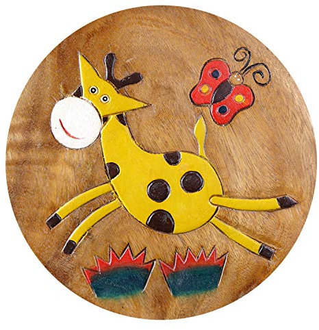 ART-CRAFT KH164 Kinderhocker Holz Schemel mit Tiermotiv Giraffe und Schmetterling bemalt und beschnitzt Höhe 27 cm