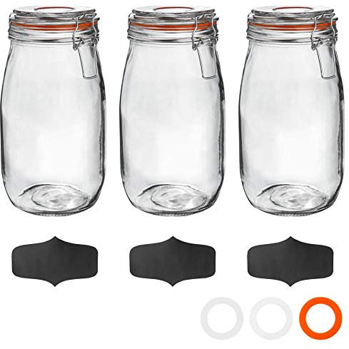 Argon Tableware Glass Jars with Airtight Metal Clip Lid & Chalkboard Stickers - 1500ml/50.7oz - 3 Pack - 4 Colour Seals - Round Container Preserving Jar for Pickling, Chutney, Jam, Coffee