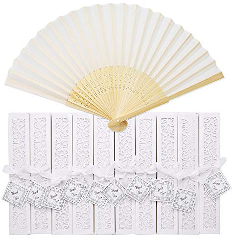 Anyasen Fächer Weiß Hochzeit Bambus Fächer Faltbare Fächer Hochzeit Fächer Stoff Handfächer Stoff Taschen fächer für Hochzeiten Partys Gastgeschenke Geschenk (10 Stück, mit Schachtel)