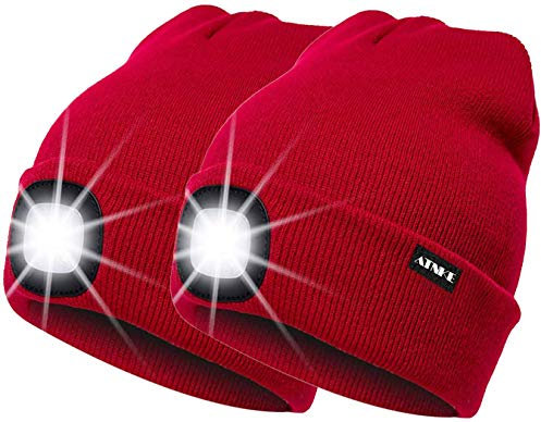 ATNKE 2Pcs Neue Warme LED beleuchtete Mütze,Unisex USB wiederaufladbare Laufmütze Ultra Bright 4 LED wasserdichte Lichtlampe Mehrfarbig/Red