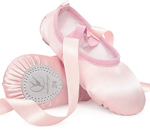 Scarpette da Danza Classica Raso Scarpe da Ballerina con Suola Divisa in Nastro per Bambina Donna Rosa Beige Chiaro Taglia 24-40