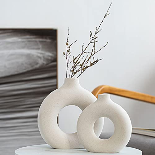 Kreative vase Moderne Wohnkultur,Vasen für pampasgras,Handmade vase weiß Keramik Getrocknete Blumen Kunsthandwerk Ornamente für Büro Haus Deko Dekoration,Beige,2pcs