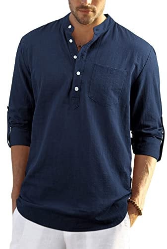Enlision Mens Cotton Linen Shirt Long Sleeve Button Down Summer Navy Blue Henley Shirts Casual Business Shirt Tops L
