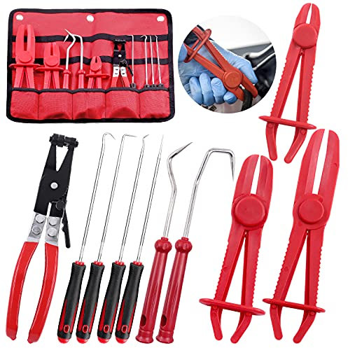 Mardatt 10-teiliges Schlauchschellen-Zangen-Set enthält O-Schlauchklemmenzangen mit 6 Schlauchentfernungshaken-Set, Kraftstofföl, Wasserleitungs-Reparatur (rot)