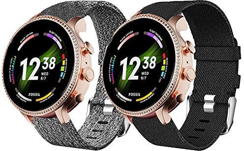 Giaogor Compatible for Fossil Gen 6 Smartwatch Band, Breathable Nylon Woven Fabric Replacement Accessory Strap Compatible for Fossil Gen 6 42mm / 44mm Smartwatch (2 pack-Black+Gray, 42mm case Women)