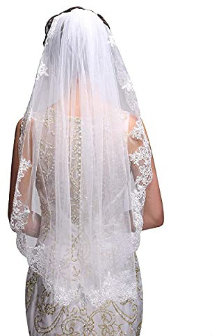 Carufin Brautschleier 1-stöckig Spitze Blume Rand Tüll Ellbogen Fingerspitze Schleier Braut Haarschmuck mit Kamm für Frauen und Mädchen (Weiß)