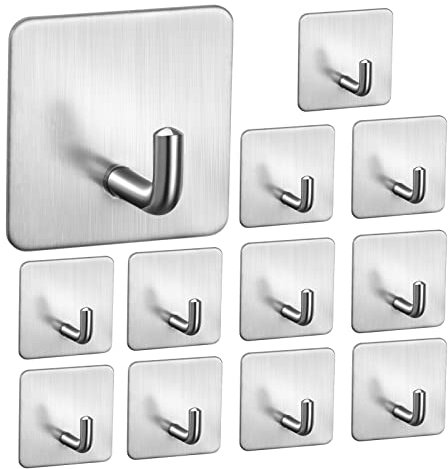 MoonSing Ganchos para Baño Cocina, 12 Piezas Ganchos Adhesivos para Pared Acero Inoxidable, Colgador Toalla, sin Taladro, Impermeable para Trapos Ropa Albornoz, Plata