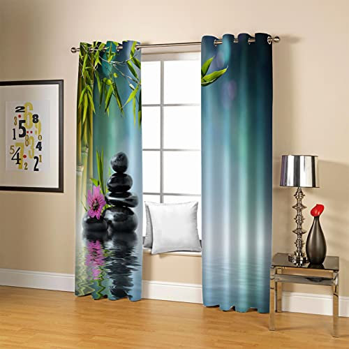 BOVZOX Fenster Vorhang Schlaufen-Vorhang 2 Stück x 168 B x 183cm H Bambus & Steine & Orchideen Dekorative Gardine Schlaufenschal Fenster-Schal