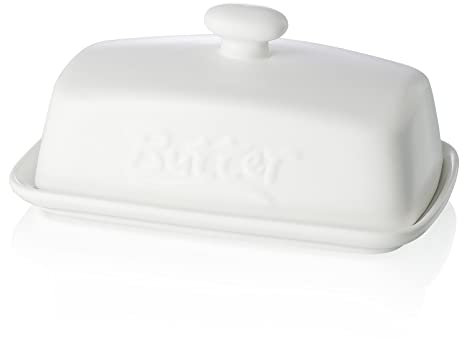 Large Porcelain Butter Dish with Lid, Henten Home Classic Matte Butter Keeper for Countertop, Large Butter Holder for Butter Storage, Dishwasher Safe (Matte White)