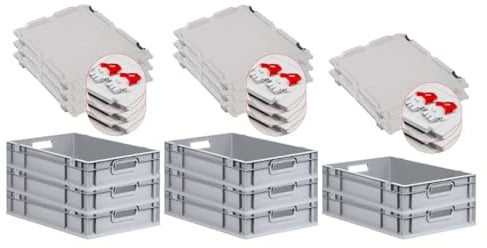 PROREGAL SuperSparSet 8x Eurobox NextGen Economy mit Scharnierdeckel & roten Verschlüssen | Griffe offen | HxBxT 12x40x60cm | 23 Liter | Eurobehälter Transportbox Transportbehälter Stapelbehälter