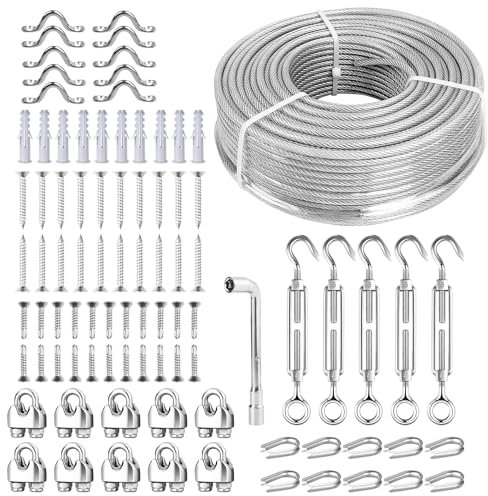 fshihine 5mm Garden Wire for Climbing Plants, 50M PVC Coated Galvanised Steel Cable with Wire Rope Clips & Thimbles, Turnbuckles Tensioner Kit for Climbing Plants Support, Curtain, Fence, Clothesline
