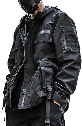 XYXIONGMAO Streetwear Chaqueta negra con capucha Techwear cortavientos Cyberpunk Tactical Cargo Streetwear Chaqueta Bomber para hombre