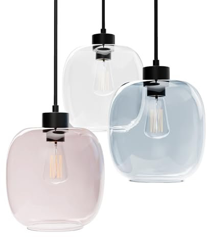 Liadomo Pendelleuchte Magellan – 3-flammiges Cluster – bunte Glasschirme – Esstischlampe – Vintage-Look – Transparent/Rauchgrau/Blau – 3 x E27 (Blau)