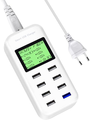 USB Ladegerät,60W USB Ladegerät Mehrfach 8-Port Multi Ladestation Mehrere Geräte, USB Netzteil with LCD Bildschirm, Schnellladegerät für für Phone iPad Android Samsuug Huaweii Tablet Kindle