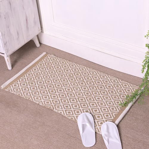 RAJRANG - Tappeto in cotone intrecciato a mano con diamanti geometrici reversibili, a quadretti, lavabile in lavatrice, resistente, colore beige zenzero, 21 x 34 pollici