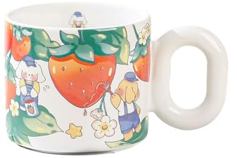 CAPIJIONG 350ml/12oz Creative Cute Cartoon Fruit Dog Ceramic Mug Microwave Oven Available Large Capacity Household Coffee Cup With Lid-strawberry-401-500ml
