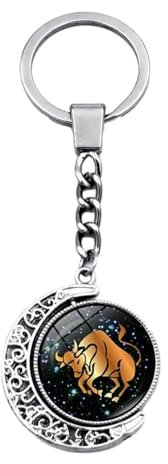 Porte-Clés Lumineux Taureau Constellation Zodiaque - Porte-Clés Cabochon En Verre De Lune Rotatif Double Face,Cadeau Créatif Pour Homme Et Femme,10 Cm