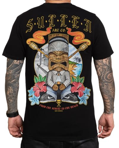 Sullen Clothing T-Shirt Tiki Cholo Jet Black Tattoo Tropisch Hawaii Statue, Größe:L